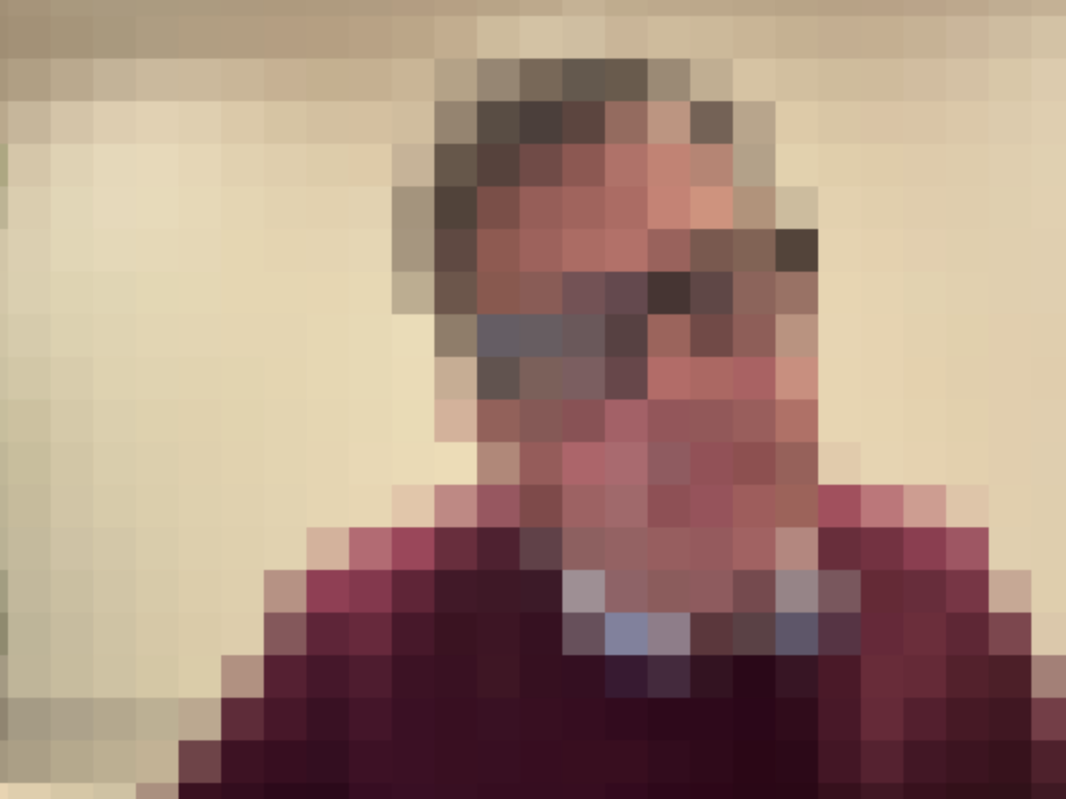 A webcam portrait pixelated into large square blocks, each block a single flat colour, the face no longer identifiable.